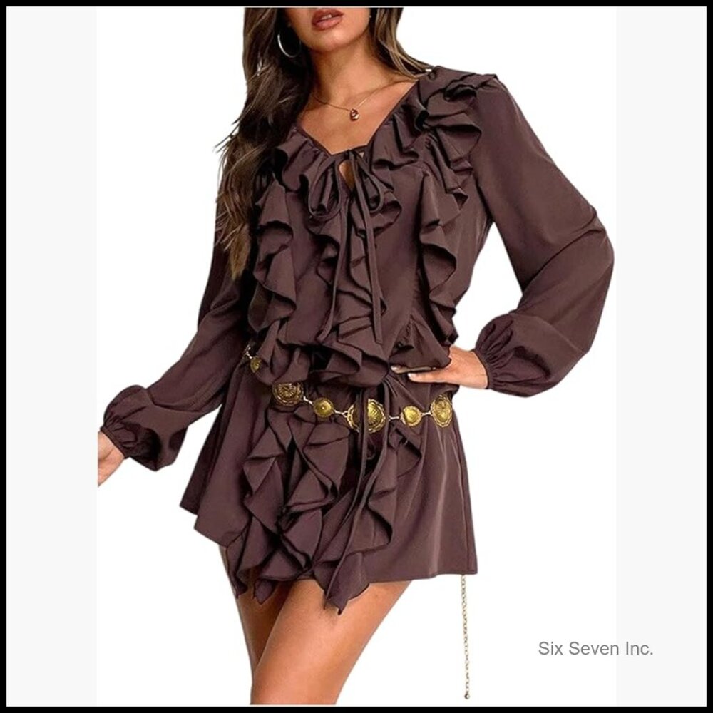 Chiffon Ruffle Mini Dress Long Sleeve V Neck Boho Going Out